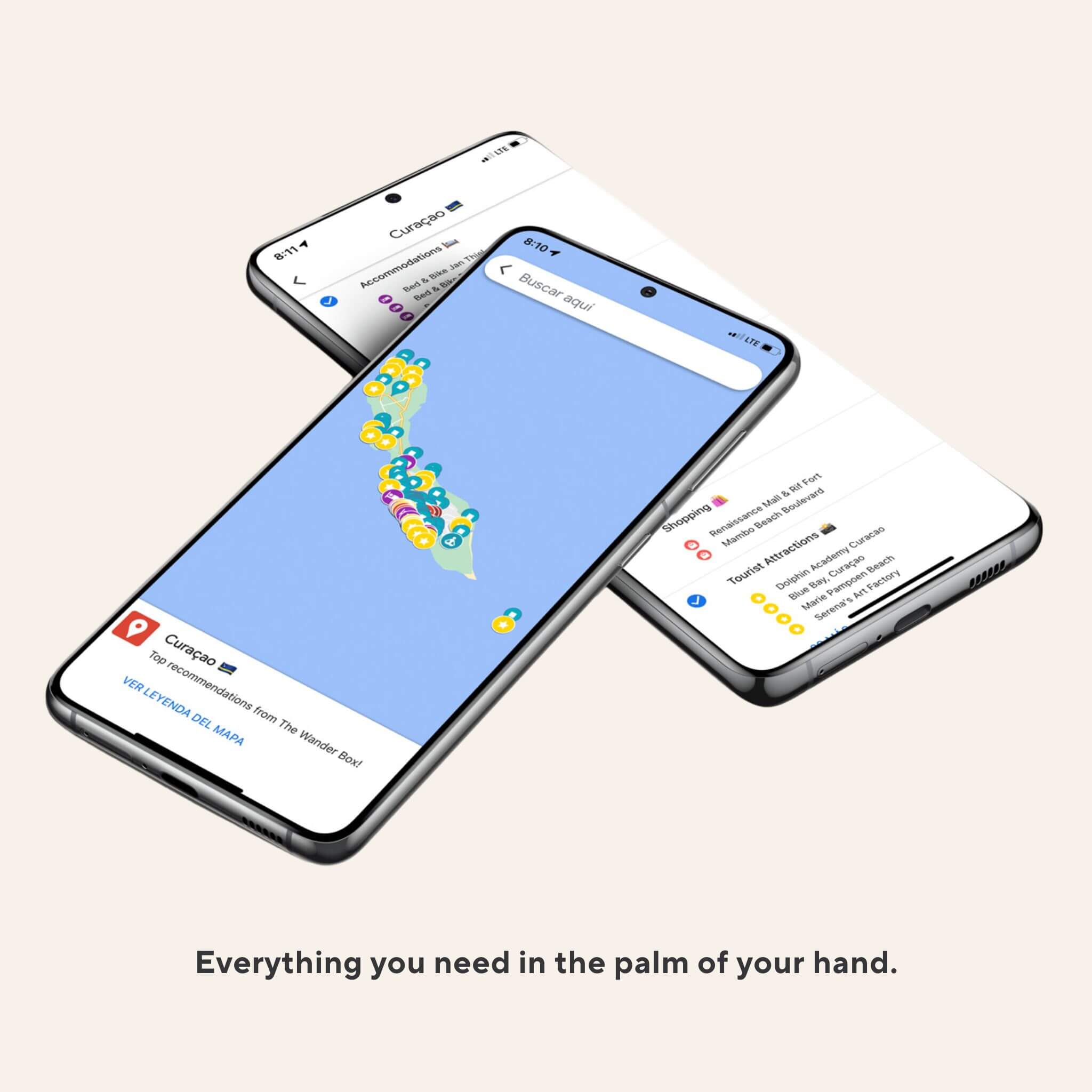 Mockup of custom Google Maps list featuring top locations in The Ultimate Travel Guide for Curaçao, including restaurants, beaches, and local experiences