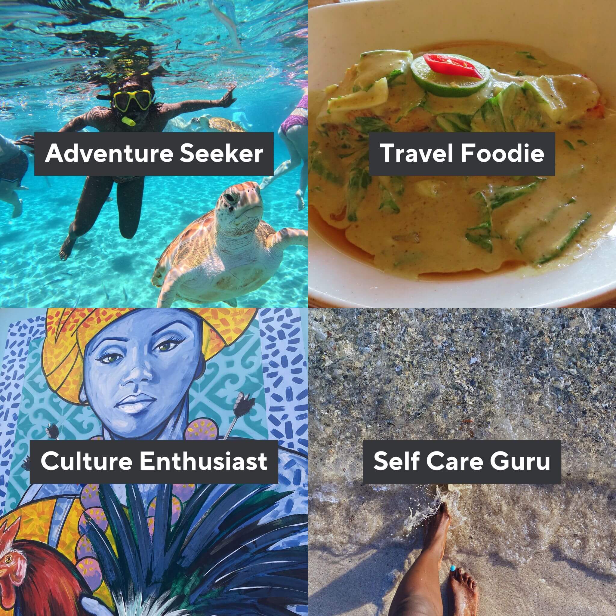 Visual collage of four curated itineraries inside The Ultimate Travel Guide for Curaçao: adventure seeker, travel foodie, culture enthusiast, and self-care guru