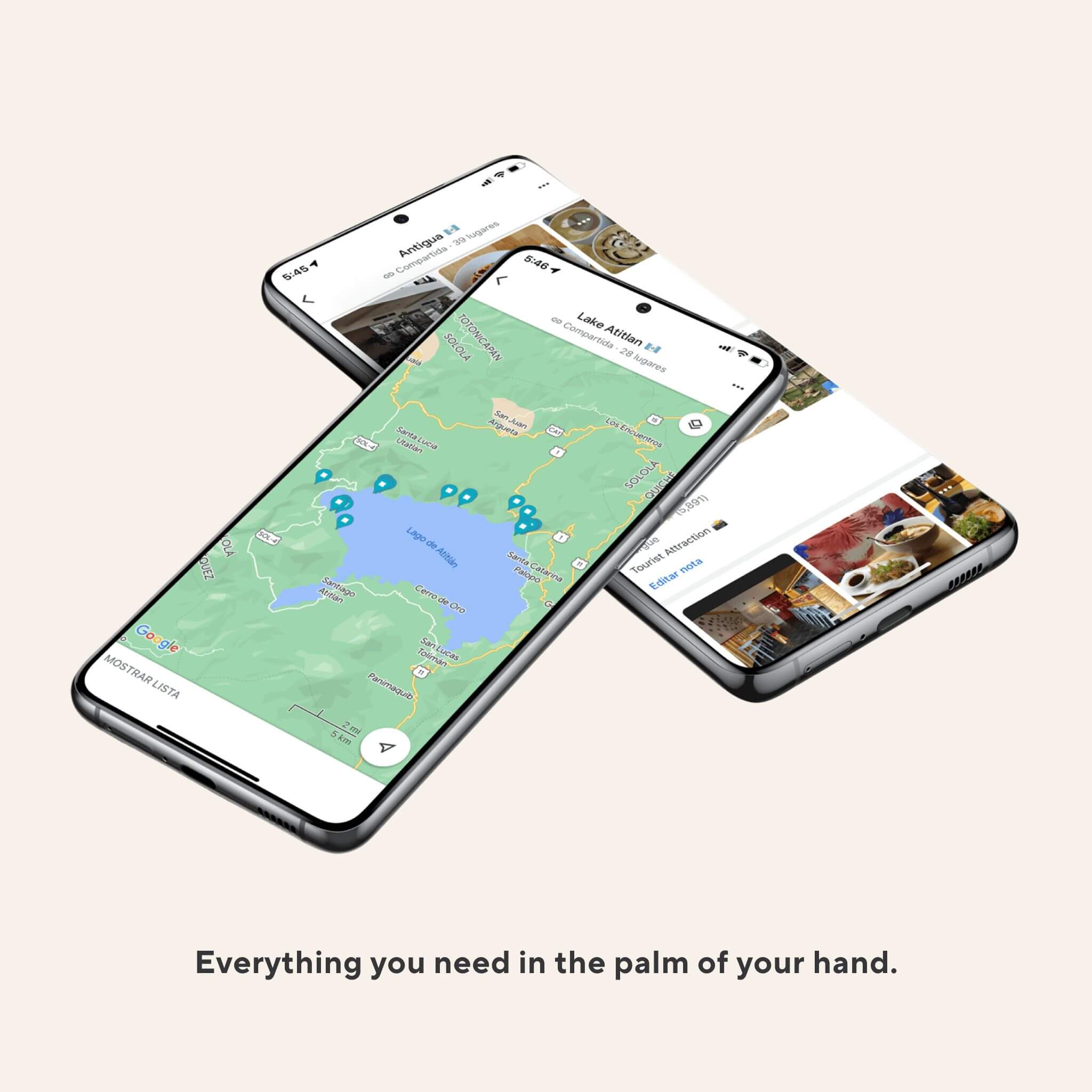 Mockup of custom Google Maps list featuring The Ultimate Travel Guide for Antigua and Lake Atitlán travel picks, including volcano hikes, markets, cafes, and historical landmarks