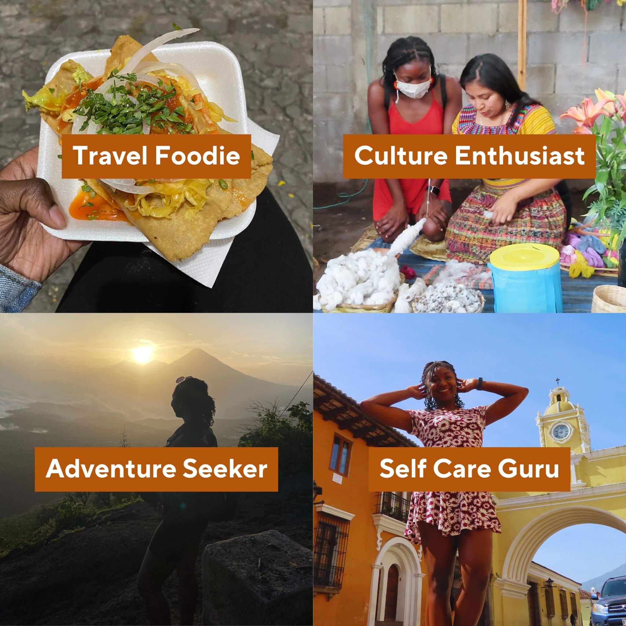 Collage of four itineraries inside The Ultimate Travel Guide for Antigua and Lake Atitlán: adventure seeker, travel foodie, culture enthusiast, and self-care guru