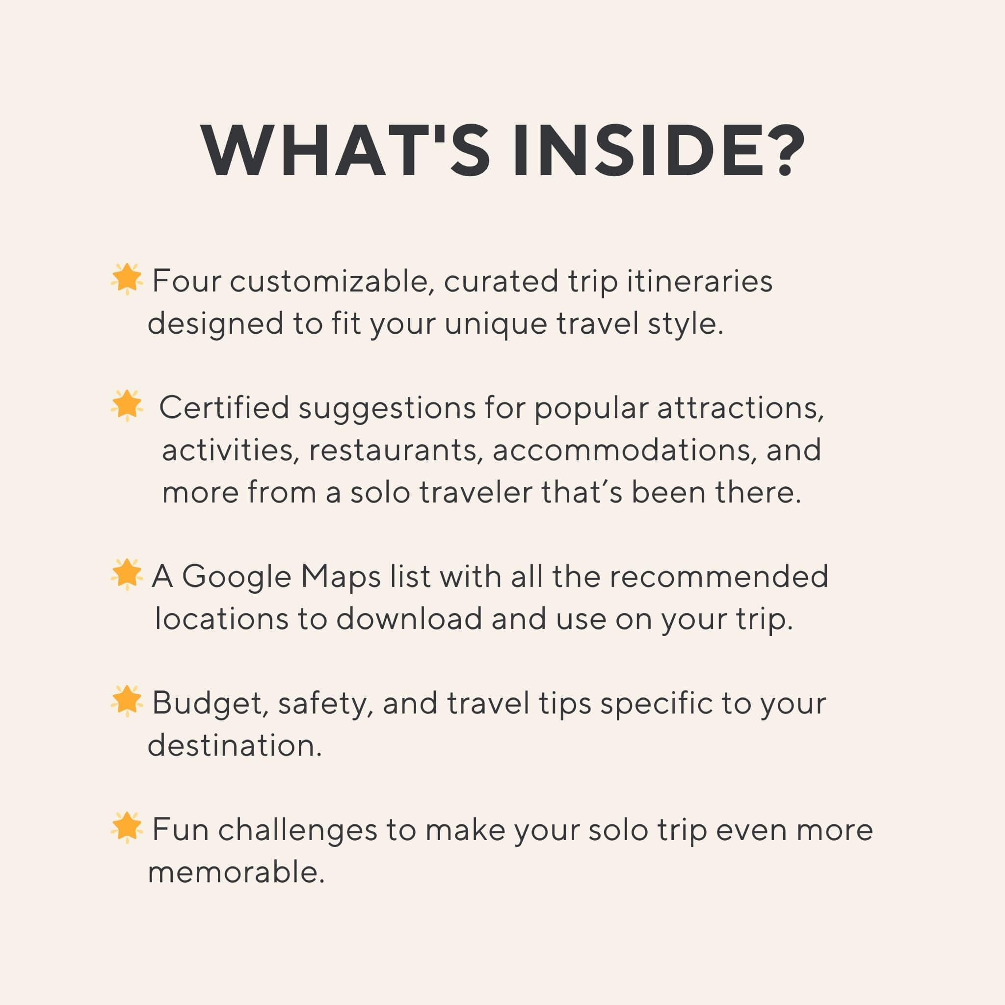 Snapshot of what’s inside The Ultimate Travel Guide for Bali with a bulleted list of curated itineraries, wellness tips, solo travel insights, and local recommendations