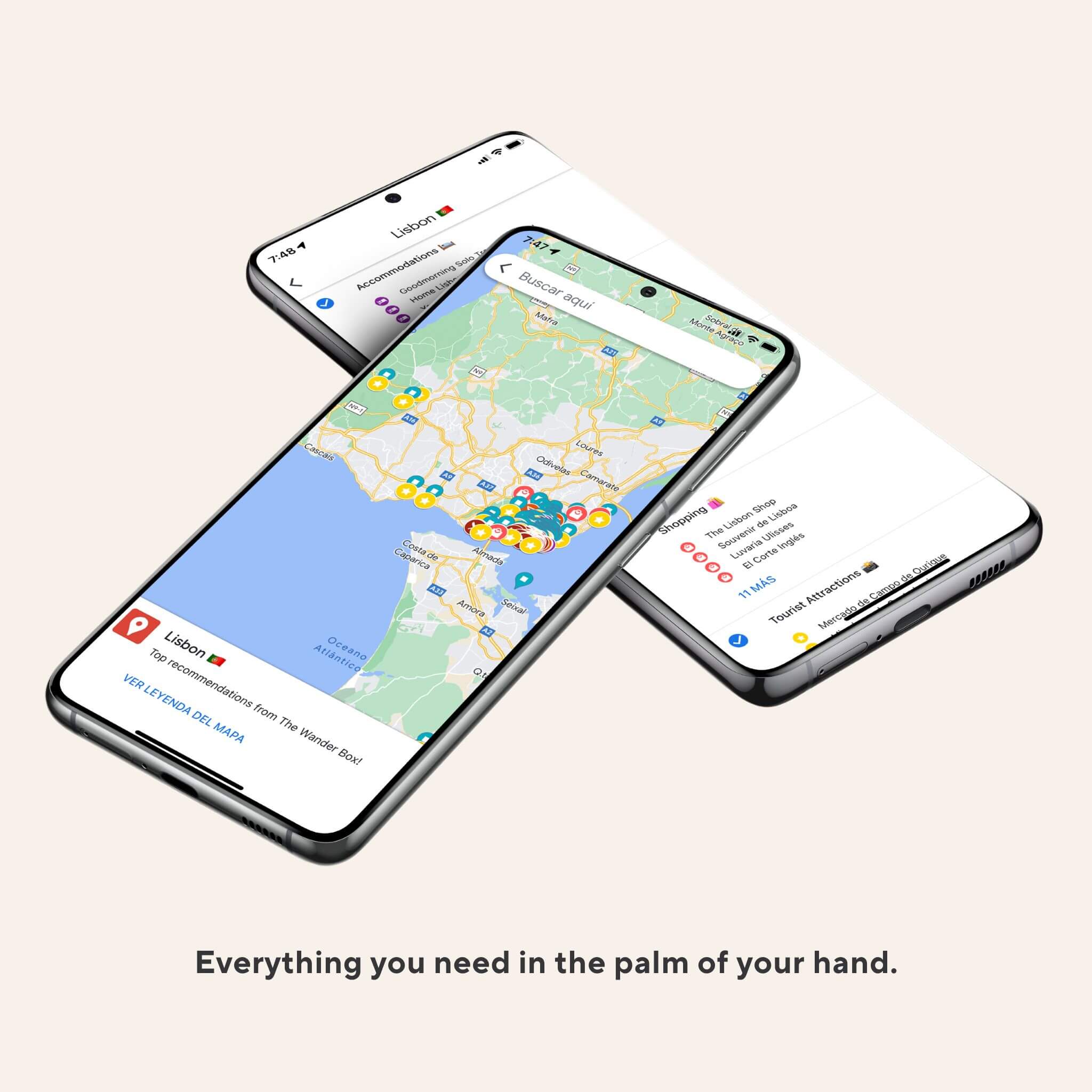 Mockup of custom Google Maps list with top recommendations from The Ultimate Travel Guide for Lisbon, including cafes, viewpoints, museums, and local gems