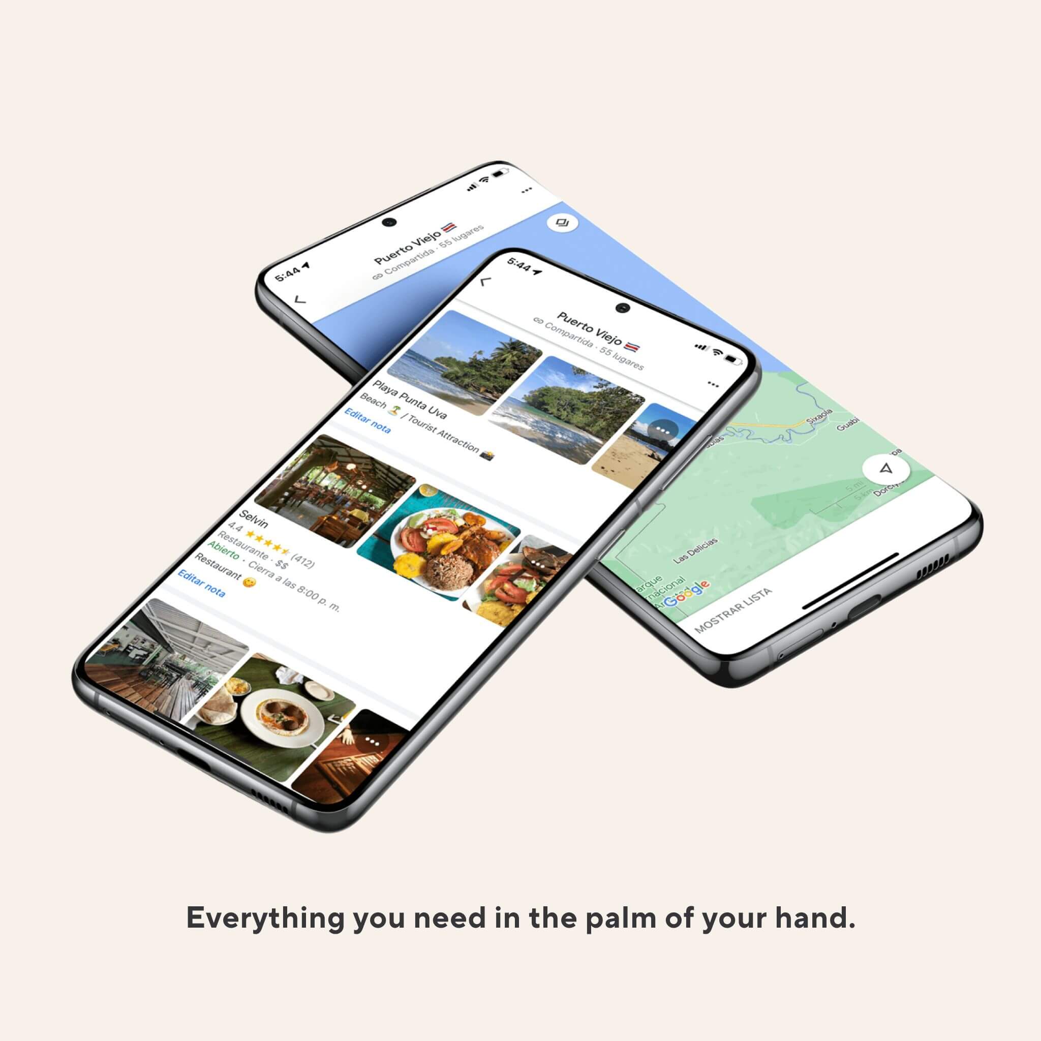 Google Maps mockup showing hot spots from The Ultimate Travel Guide for Puerto Viejo including beaches, eateries, wellness centers, and hidden gems