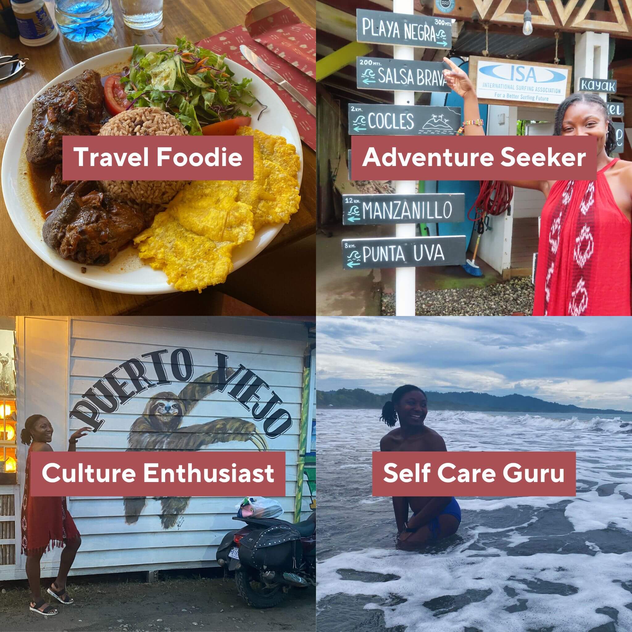 Collage of four curated itineraries inside The Ultimate Travel Guide for Puerto Viejo: adventure seeker, travel foodie, culture enthusiast, and self-care guru