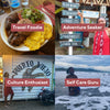 Collage of four curated itineraries inside The Ultimate Travel Guide for Puerto Viejo: adventure seeker, travel foodie, culture enthusiast, and self-care guru
