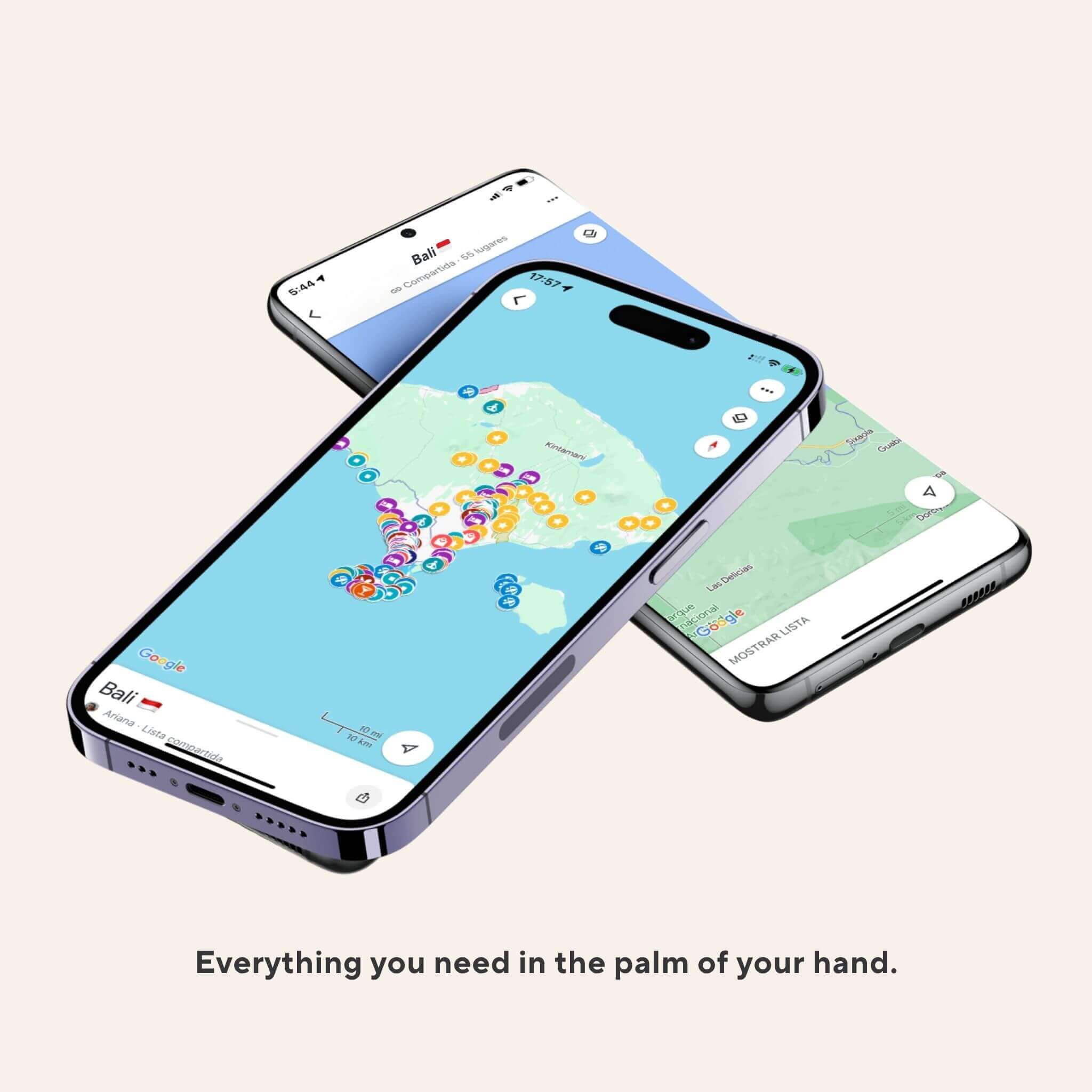 Custom Google Maps list mockup showing highlights from The Ultimate Travel Guide for Bali, including cafes, temples, waterfalls, and popular attractions