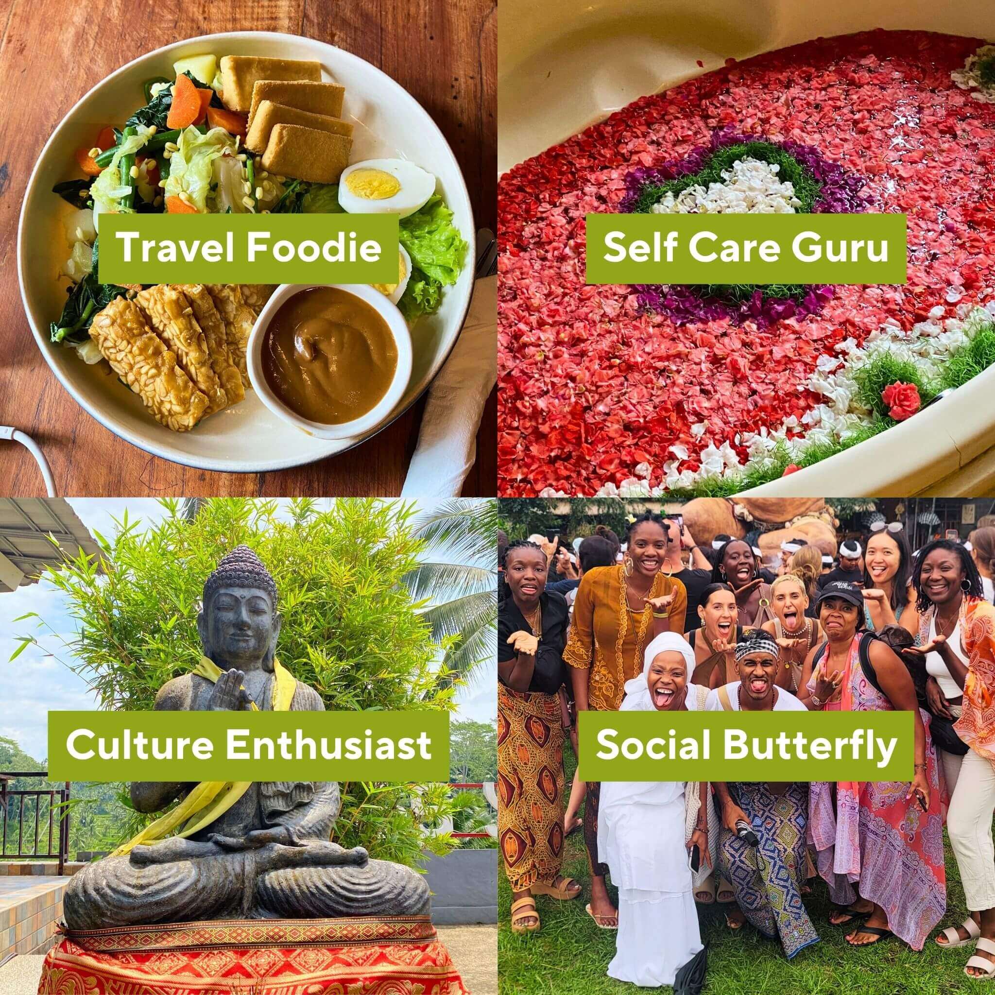 Collage of four curated itineraries inside The Ultimate Travel Guide for Bali: self-care guru, travel foodie, culture enthusiast, and social butterfly